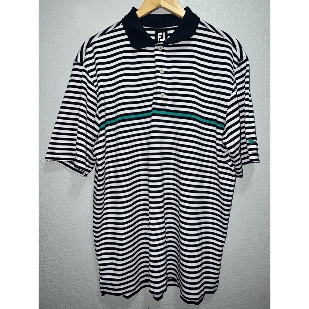 Footjoy FJ Golf Polo Shirt Mens Large Blue White Stripe Performance Canyon Creek
